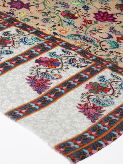 Dhiyona PA Women Beige & Maroon Aari Embroidered Kalamkari Woolen Shawl