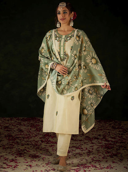 Women Floral Embroidered Regular Thread Work Kurta with Trousers & With Dupatta
