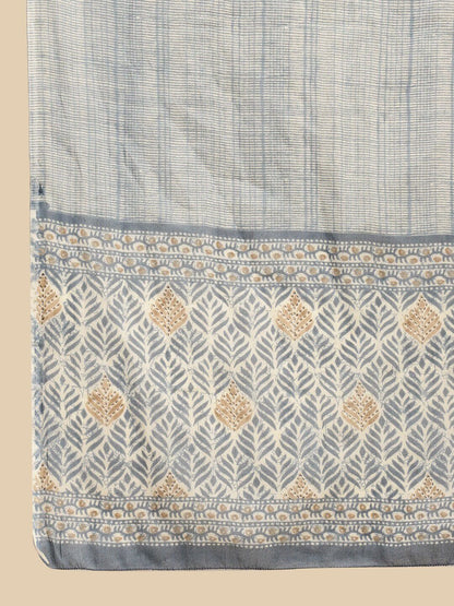 Dhiyona SN Women's Grey Ethnic Printed Thread Work Pure Cotton Kurta With Trouser & Dupatta Set