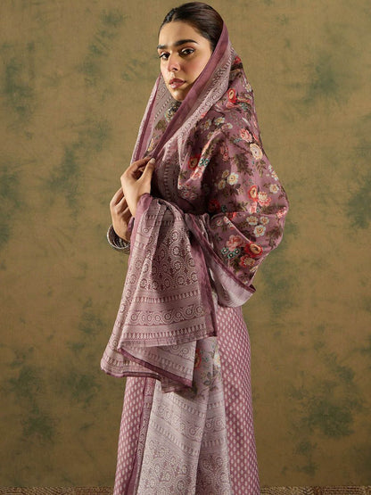 Floral Printed Thread Work Chanderi Silk Straight Kurta with Trouser & Dupatta