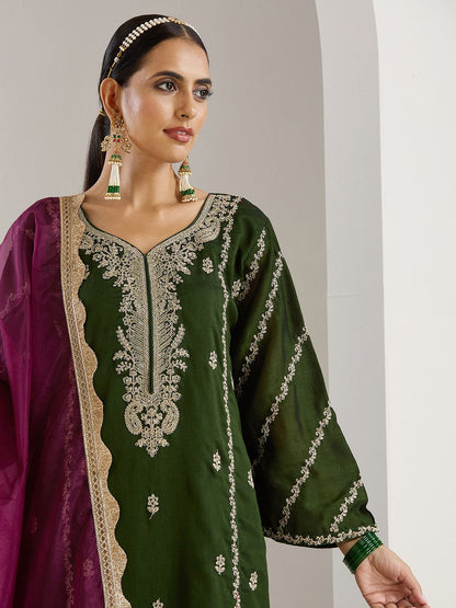 Dhiyona IS Women's Green Ethnic Motifs Embroidered Chinon Straight Kurta With Trousers & Dupatta