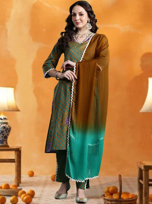 Women Printed Regular Thread Work Pure Cotton Kurta with Trousers & With Dupatta