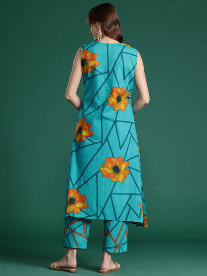Dhiyona IE Floral Printed Pure Cotton Kurta with Trousers
