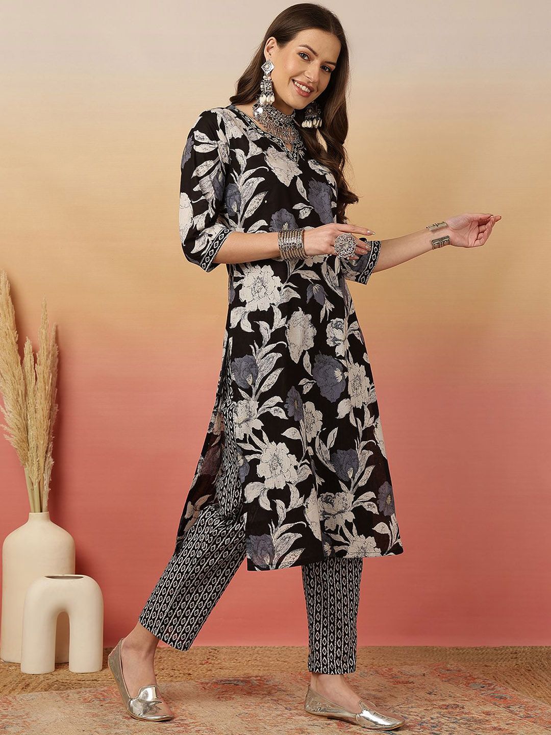 Dhiyona SN Women's Floral Printed Adda Work Cotton Kurta With Trouser & Dupatta