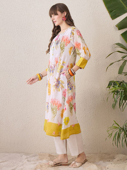 Dhiyona IE Floral Printed Round Neck Pure Cotton Straight Kurta With Trouser