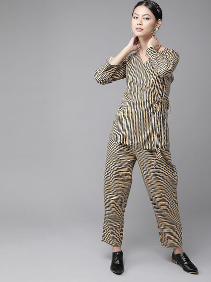 Dhiyona IE Women Beige & Black Striped Wrap Top with Trousers