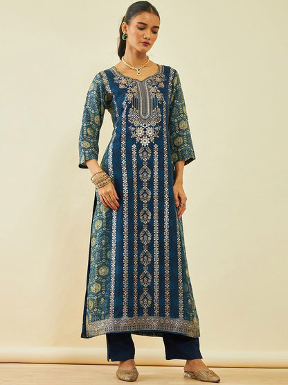 Dhiyona SO Women's Navy Blue Floral Printed Regular Beads and Stones Kurta with Trousers & Dupatta