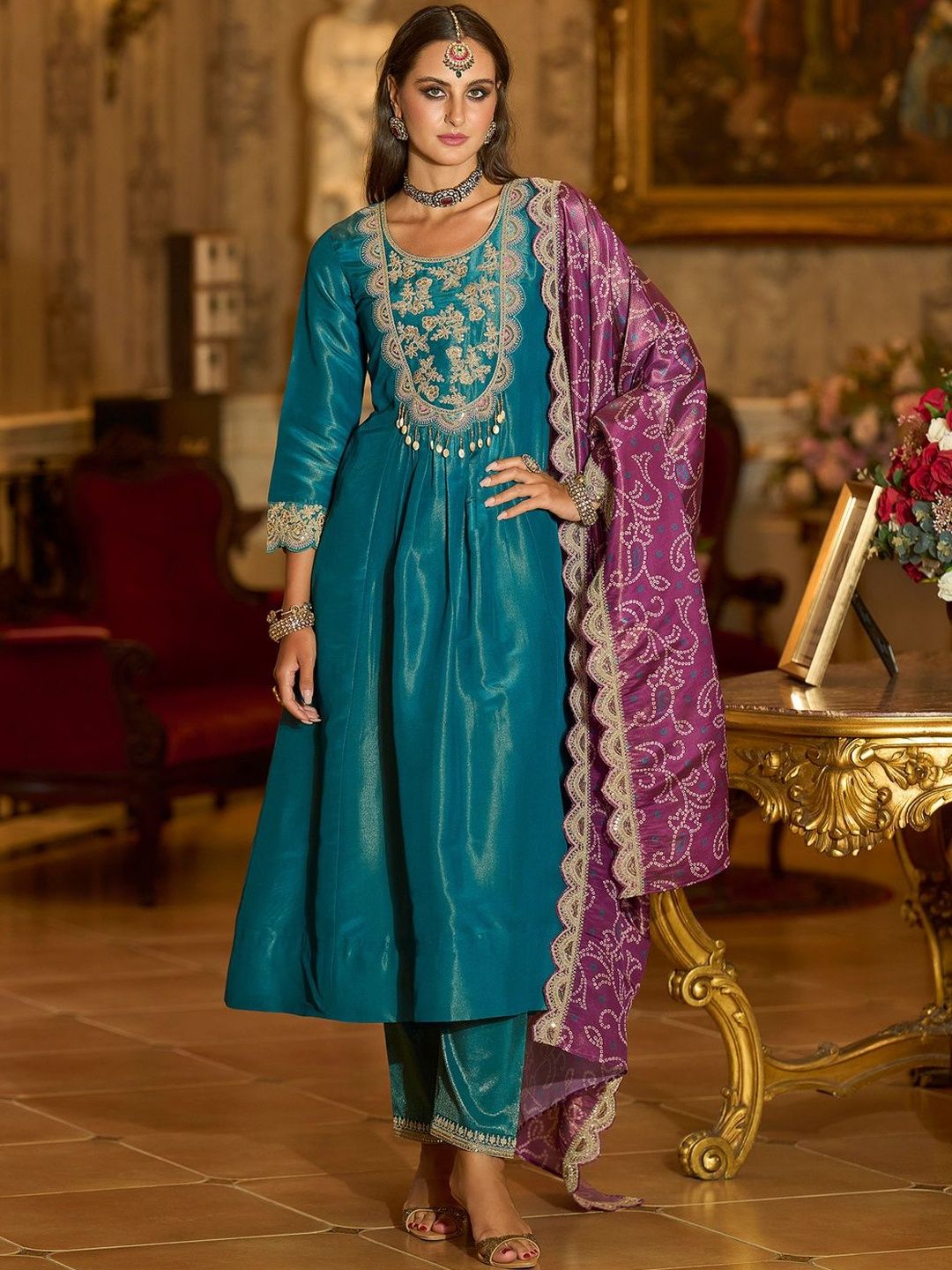 Women Ethnic Motifs Embroidered Regular A-Line Kurta with Trousers & Dupatta