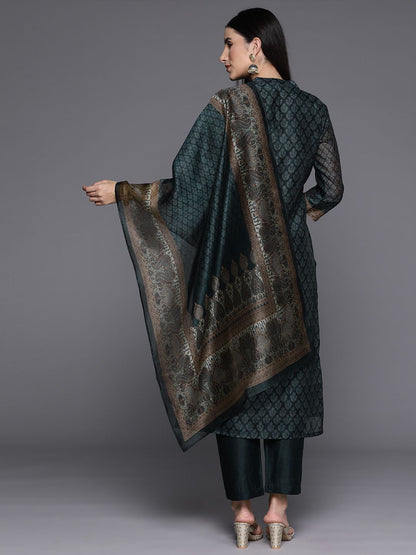 Dhiyona VA Women'sEthnic Printed Chanderi Silk Kurta with Trouser and Dupatta