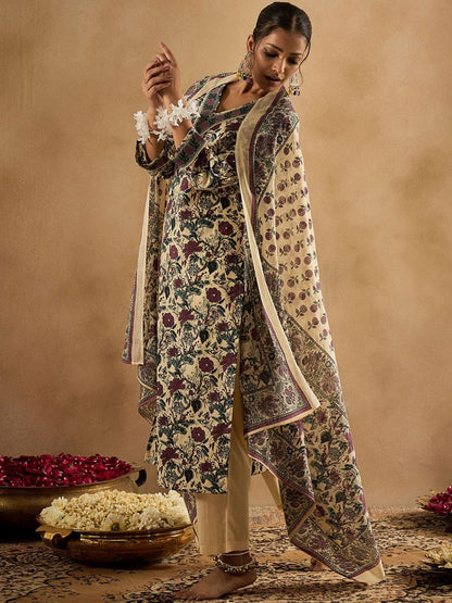 Dhiyona IE Floral Printed V-Neck Pure Cotton Straight Kurta With Trousers & Dupatta