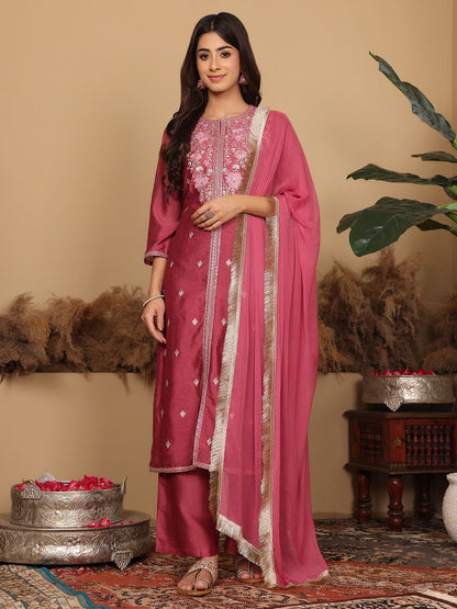 Dhiyona VA Women's Floral Embroidered Regular Pure Silk Kurta with Trousers & Fringed Dupatta