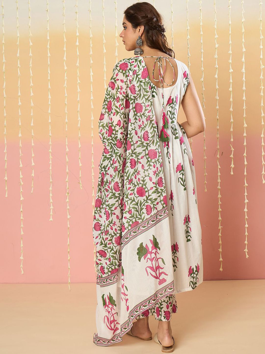 Floral Printed Anarkali Pure Cotton Kurta With Palazzos & Dupatta