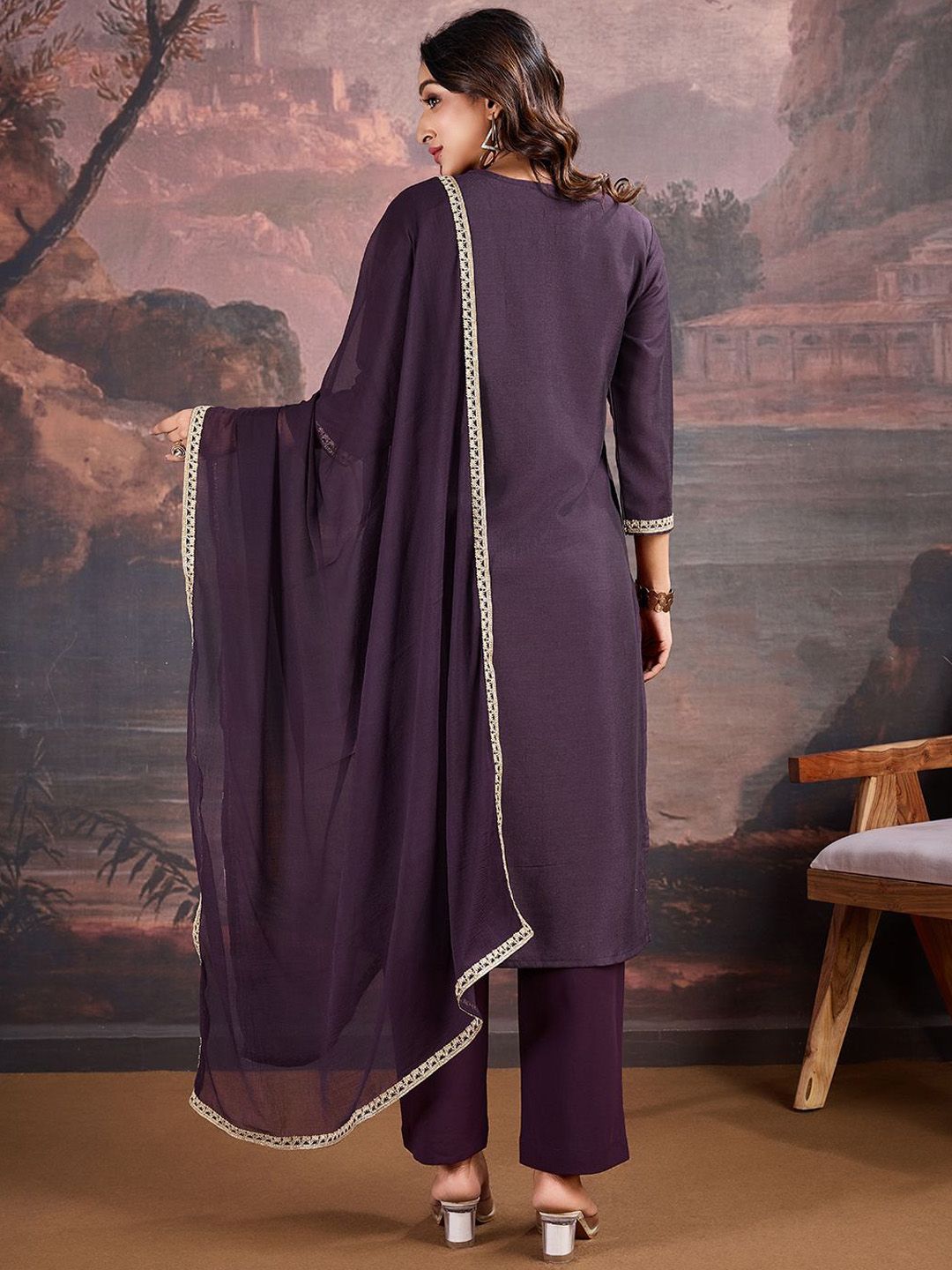Dhiyona PD Women Ethnic Motifs Embroidered Sequinned Straight Kurta & Trouser With Dupatta