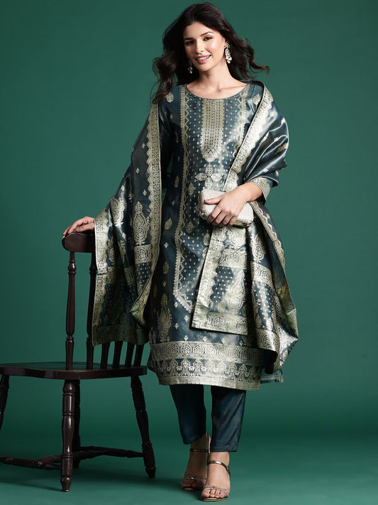 Dhiyona IE Ethnic Motifs Jacquard Zari Kurta With Trousers & Dupatta