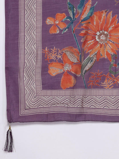 Dhiyona VA Women'sFloral Printed Pleated Sequinned Kurta With Trousers & Dupatta