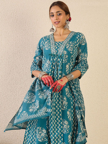 Dhiyona IE Ethnic Motifs Printed A Line Pleated Pure Cotton Kurta With Trousers & Dupatta