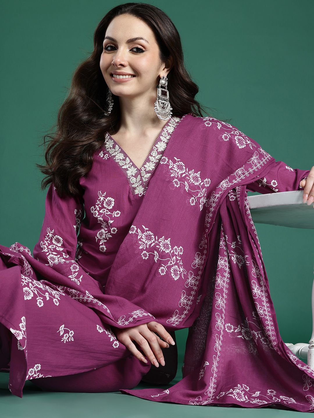 Dhiyona IE Floral Printed Sequinned Pure Cotton Kurta with Trousers & With Dupatta