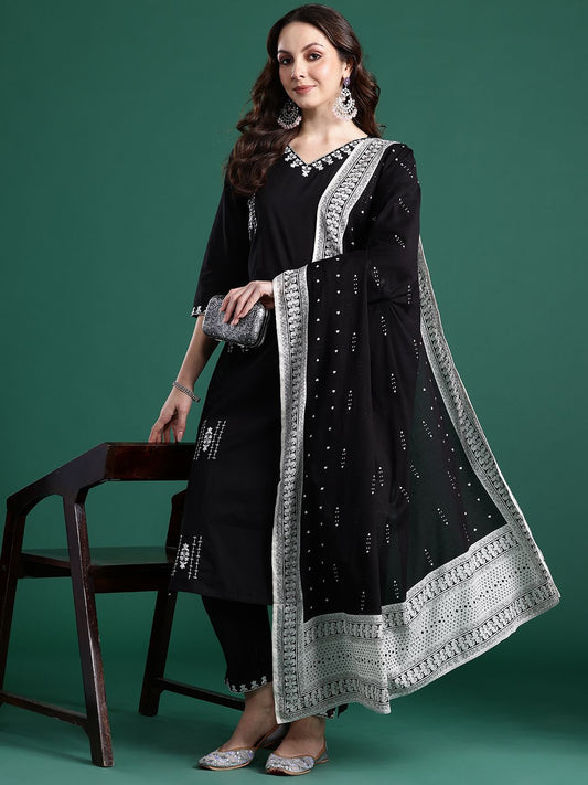 Dhiyona IE Ethnic Motifs Embroidered Thread Work Pure Cotton Kurta With Trousers & Dupatta