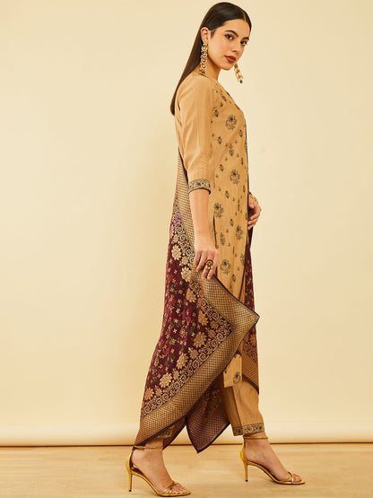 Dhiyona SO Women's Brown Floral Printed Regular Zardozi Straight Kurta With Trousers & Dupatta