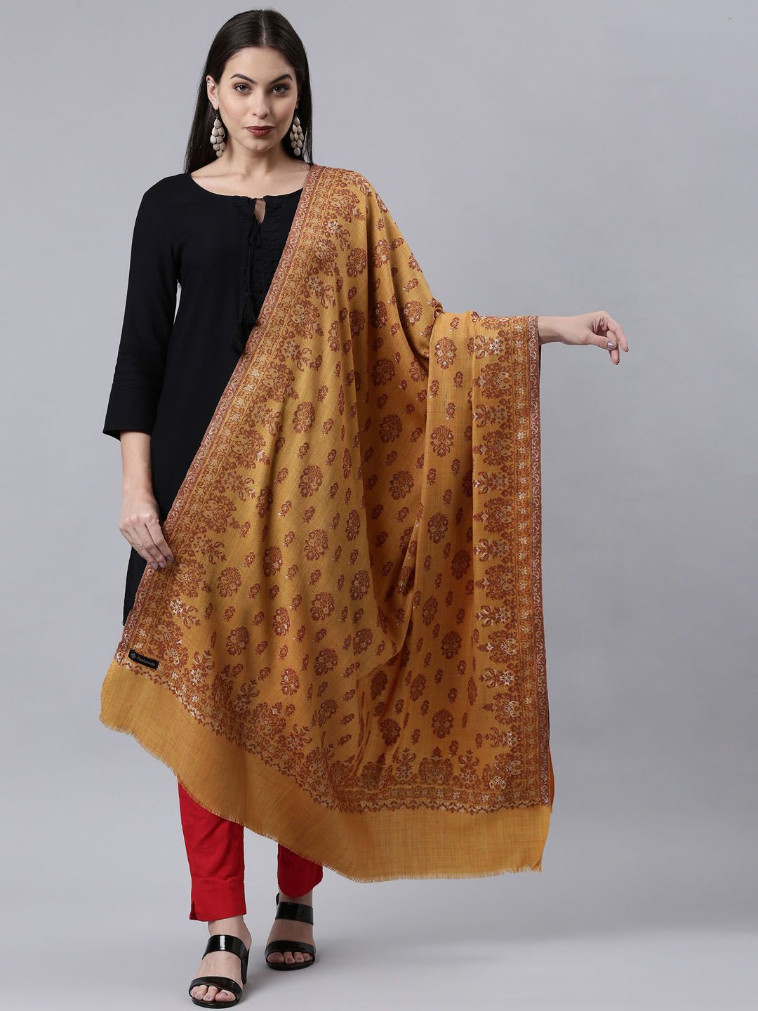 Dhiyona PA Women Yellow Woven Design Kaani Wool Shawl
