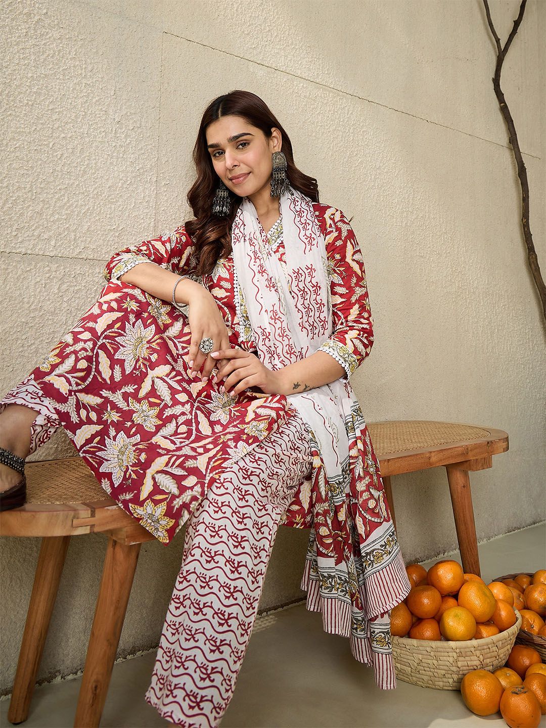 Dhiyona IE Floral Printed V-Neck Pure Cotton Straight Kurta With Trousers And Dupatta