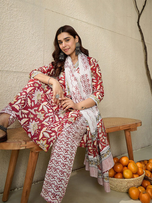 Dhiyona IE Floral Printed V-Neck Pure Cotton Straight Kurta With Trousers And Dupatta