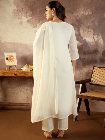 Embroidered Mirror Work Pure Cotton Straight Kurta With Trousers & Dupatta