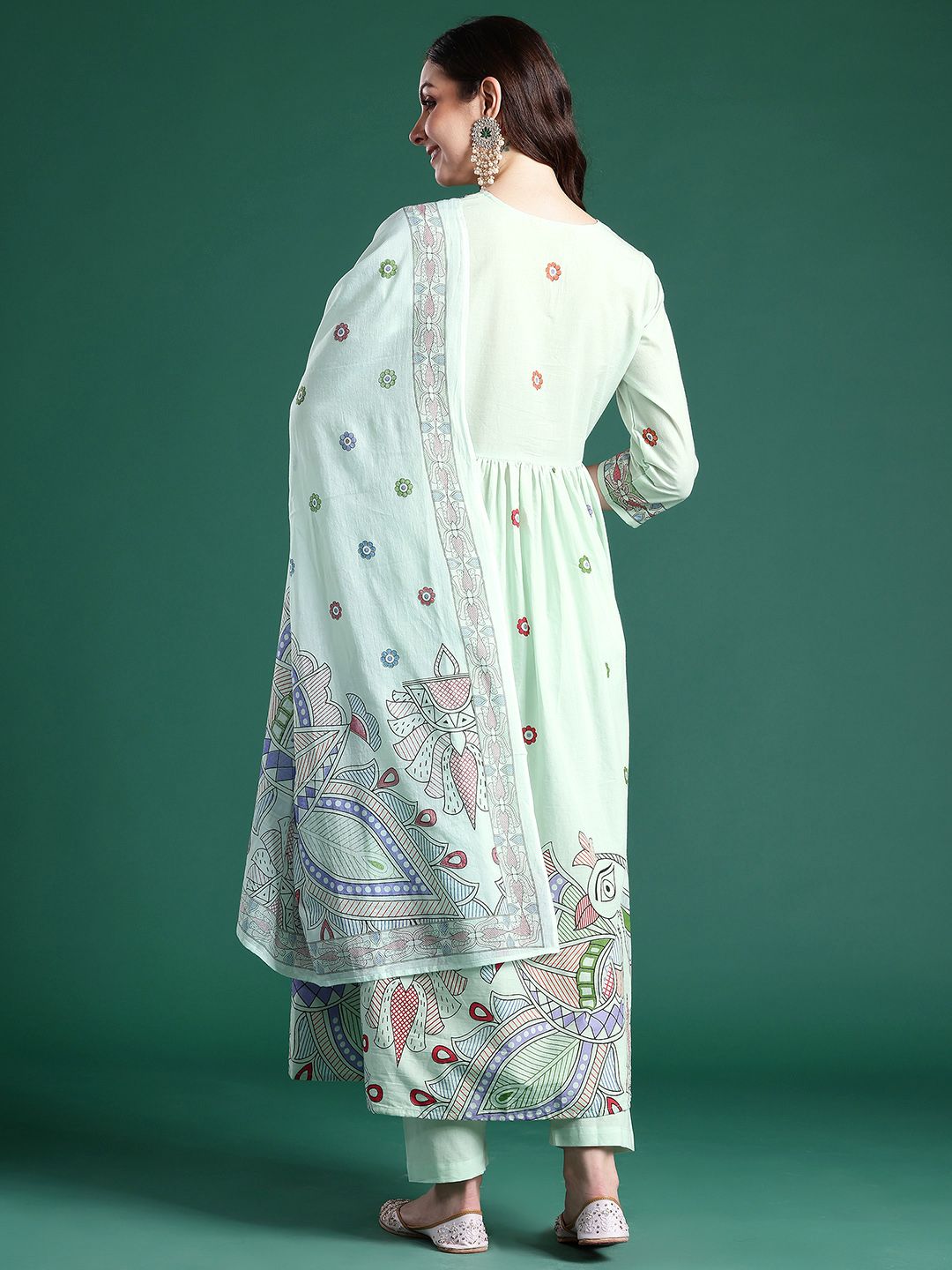 Ethnic Motifs Printed Pleated Pure Cotton Kurta with Trousers & Dupatta