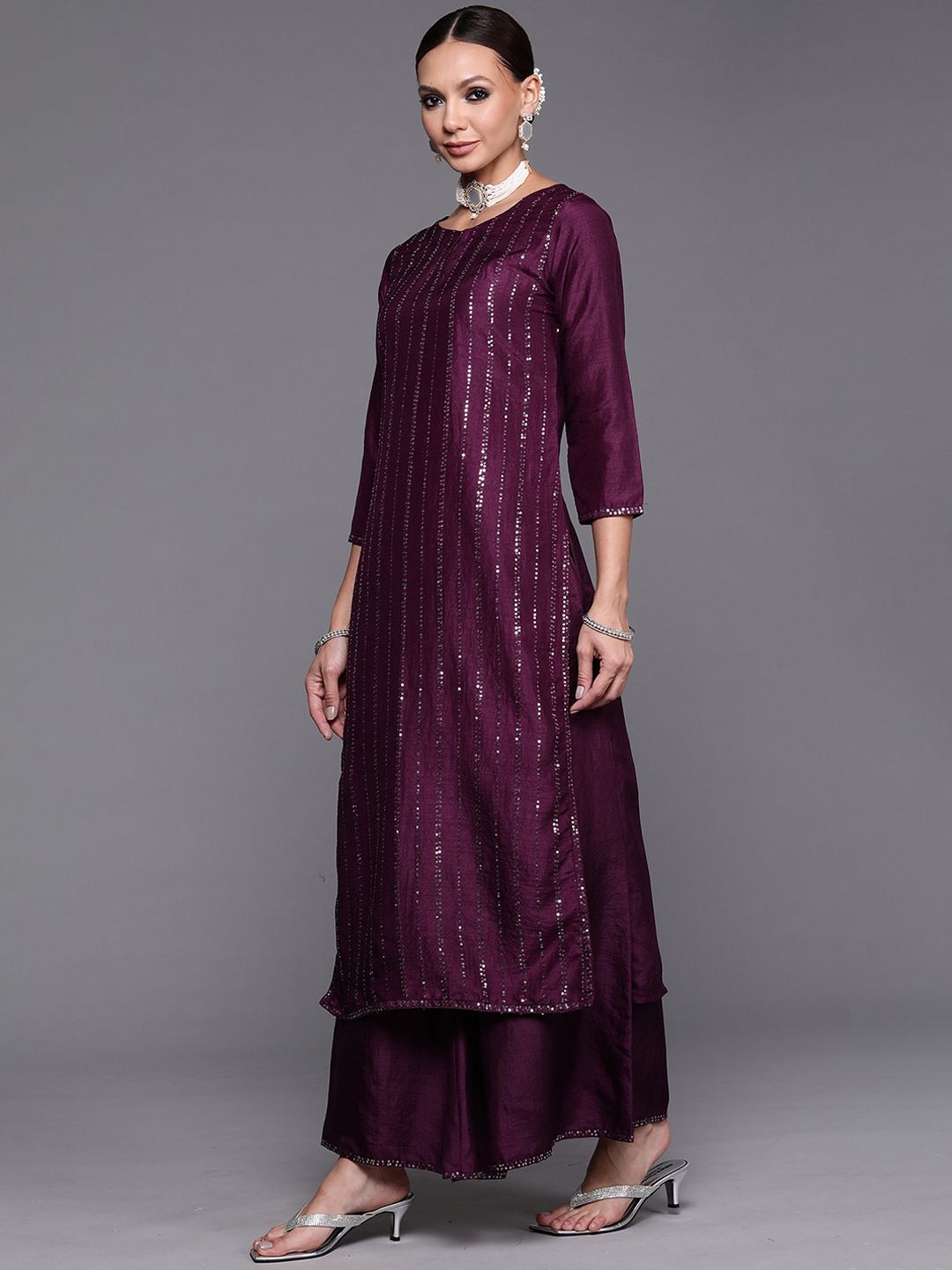 Dhiyona IE Purple Embellished Keyhole Neck Kurta with Palazzos & Dupatta