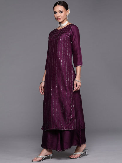 Dhiyona IE Purple Embellished Keyhole Neck Kurta with Palazzos & Dupatta