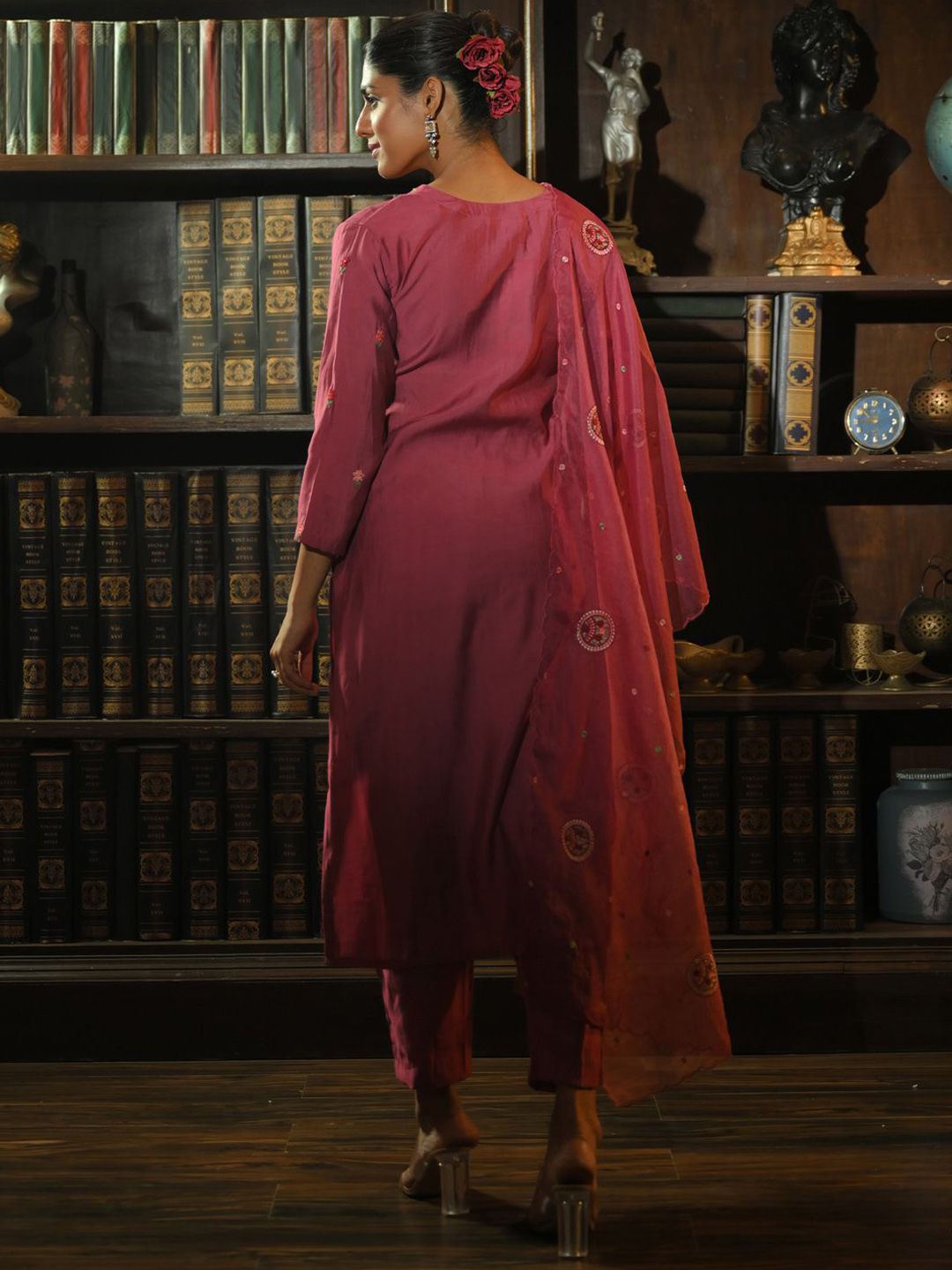 Floral Embroidered Thread Work Kurta With Trousers & Dupatta