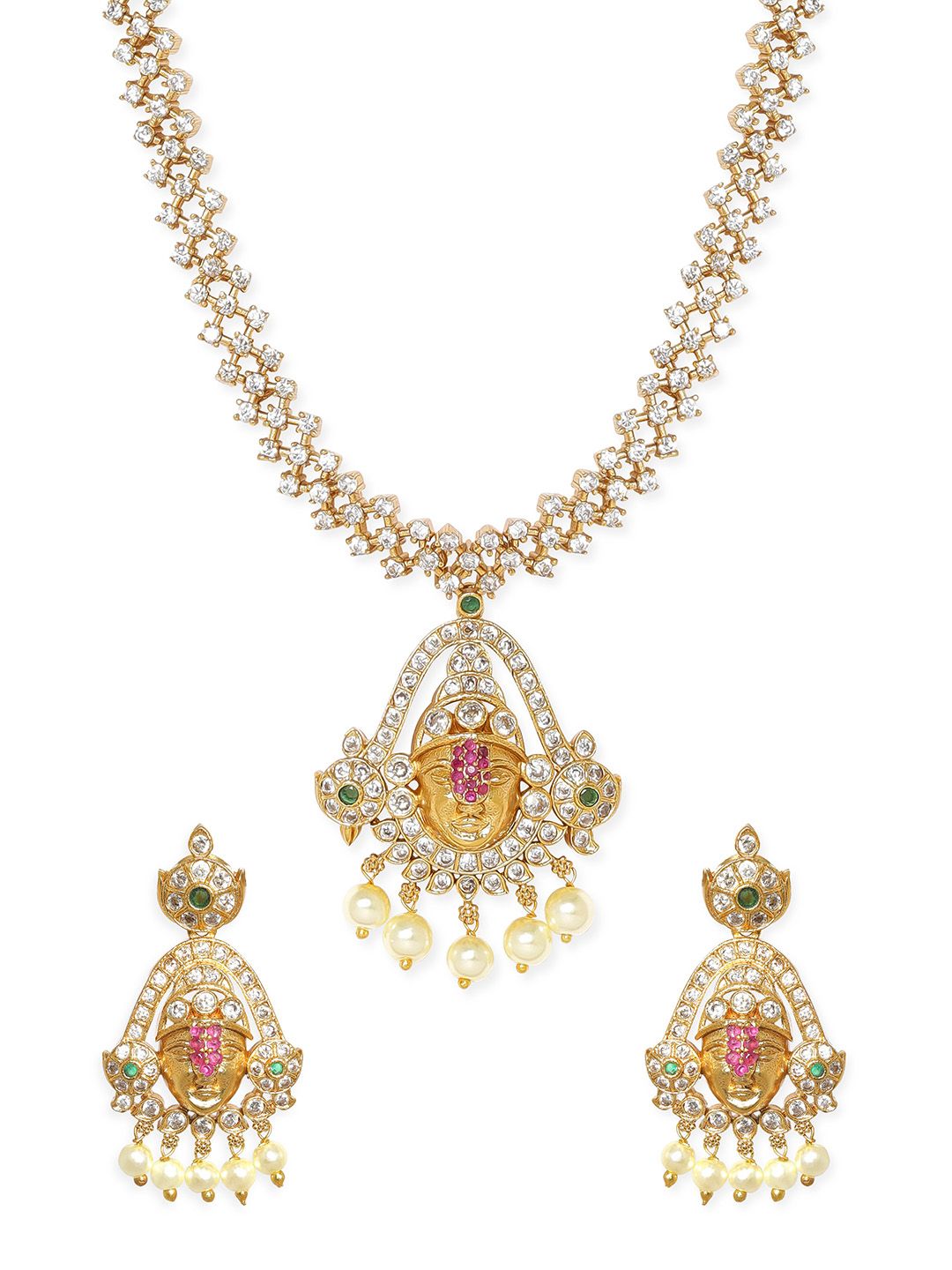Dhiyona RJ Women's Gold-Plated American Diamond-Studded & Pearl Beaded Temple Jewellery Set