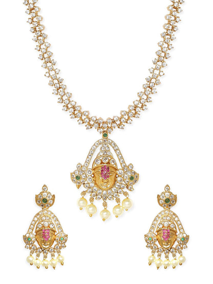 Dhiyona RJ Women's Gold-Plated American Diamond-Studded & Pearl Beaded Temple Jewellery Set