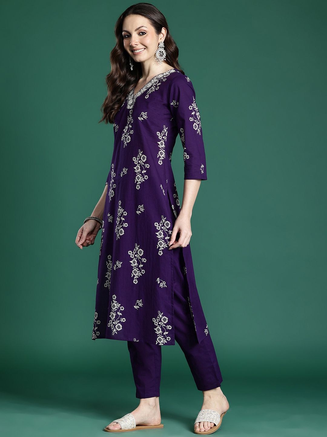 Floral Printed Pure Cotton Kurta with Trousers & Dupatta