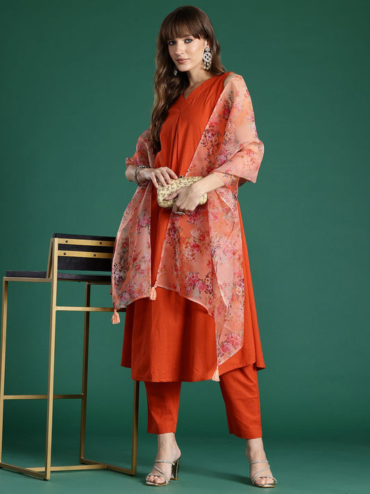 Women Floral Pleated Pure Cotton Kurta with Trousers & With Dupatta