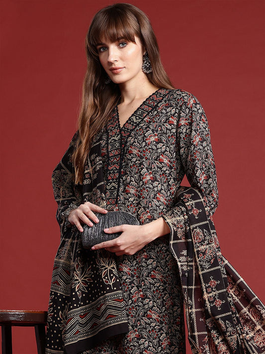 Dhiyona IE Floral Printed Pure Cotton Kurta With Trousers & Dupatta