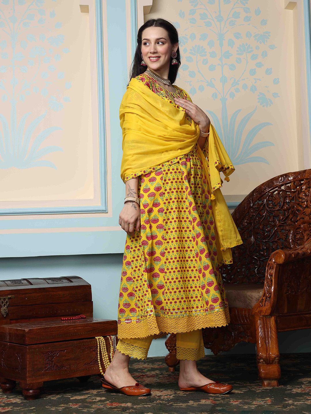 Dhiyona IS Women's Mustard Yellow Floral Printed Pure Cotton Anarkali Kurta With Trousers & Dupatta