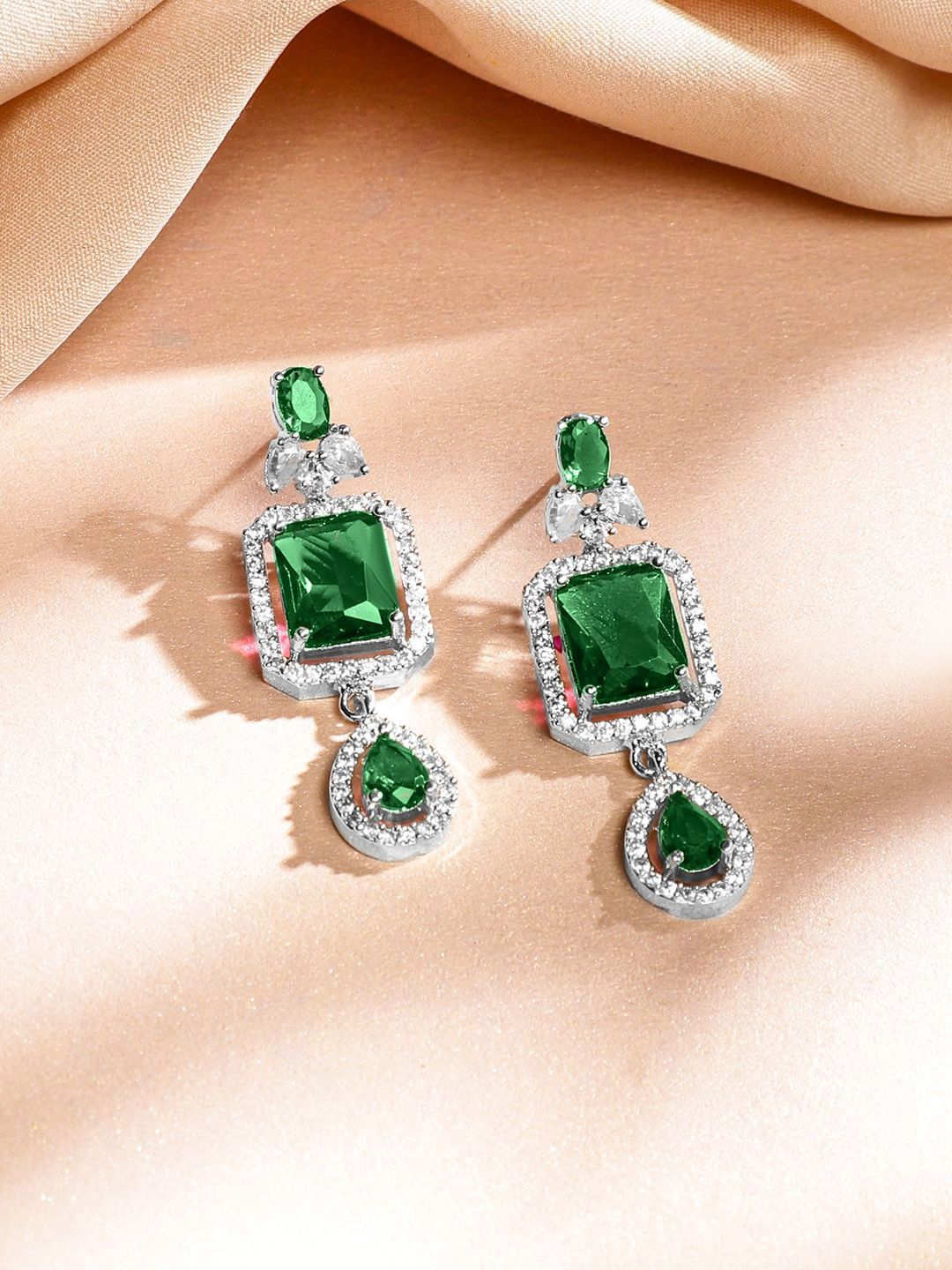 Dhiyona RJ Women's Rhodium-Plated Emerald Green & White Cubic Zirconia Studded Luxe Layer Necklace Set