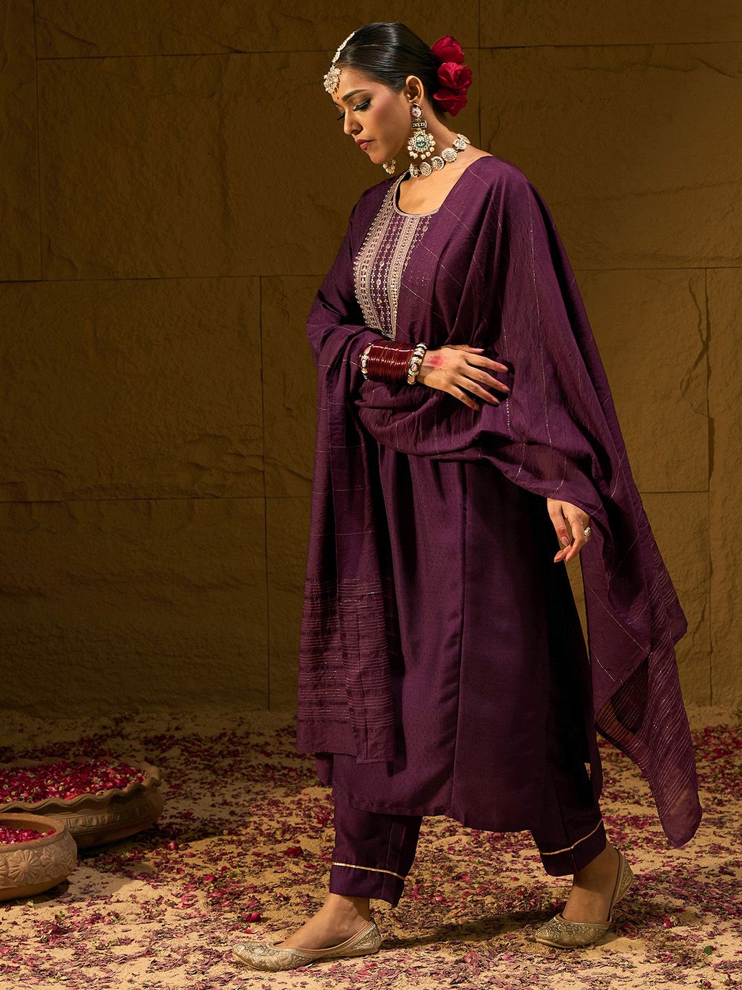 Dhiyona IE Burgundy Floral Embroidered Sequinned Dobby Weave Kurta with Trousers & Dupatta