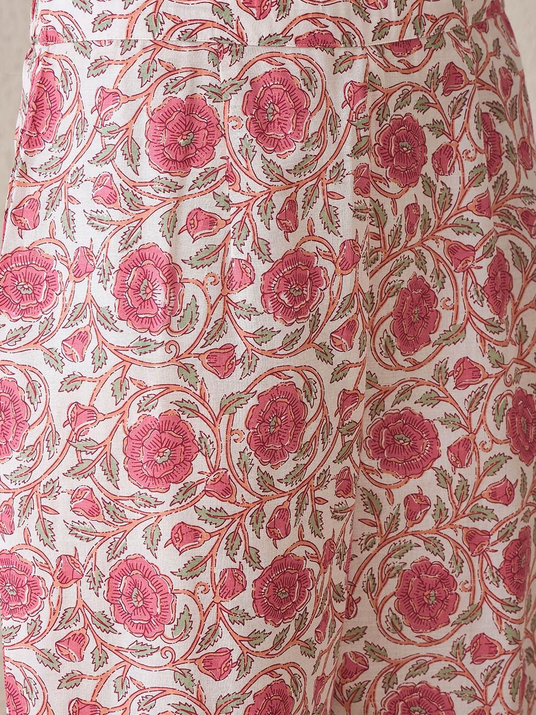 Dhiyona IE Floral Printed V-Neck A-Line Pure Cotton Tunic With Trouser