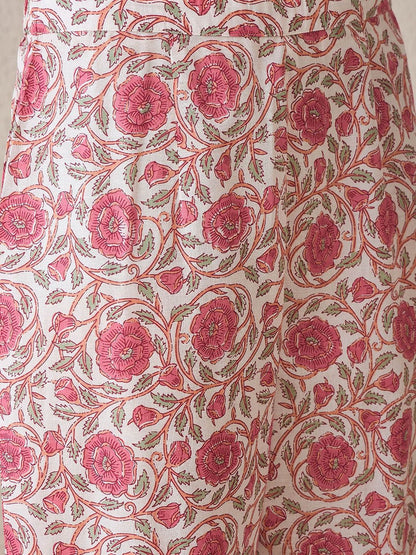 Dhiyona IE Floral Printed V-Neck A-Line Pure Cotton Tunic With Trouser