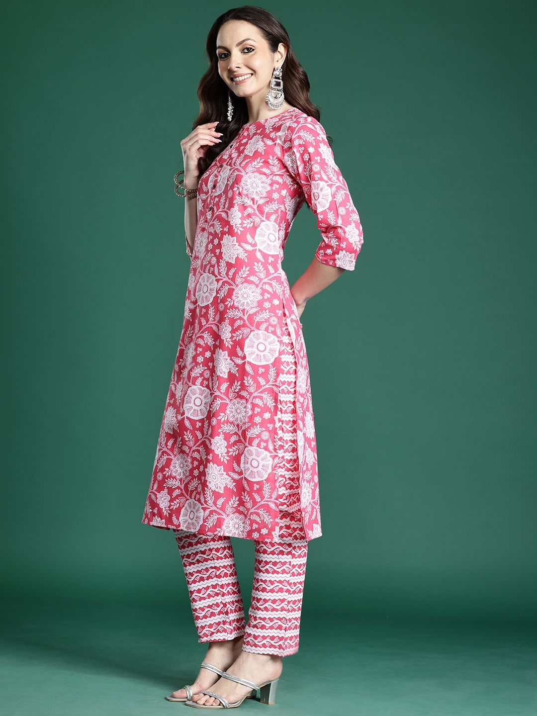 Floral Printed Pure Cotton Kurta with Trousers & Dupatta
