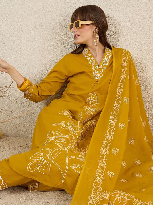 Dhiyona IE Women Solid Embroidered Cotton Kurta with Trousers & Dupatta