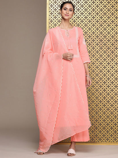 Dhiyona PD Women Jashn Pure Cotton Ethnic Motifs Embroidered Kurta with Palazzos & Dupatta