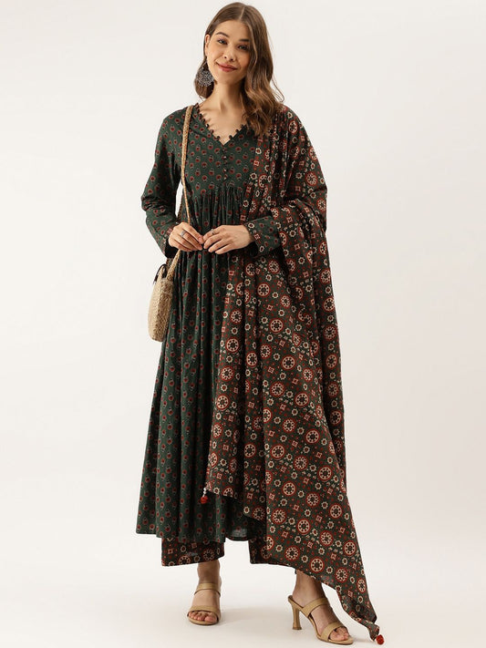 Dhiyona KL Floral Printed V-Neck Pure Cotton Empire Anarkali Kurta With Trousers & Dupatta