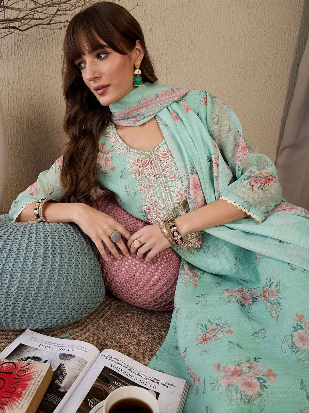 Dhiyona IE Women Floral Embroidered Regular Sequinned Linen Kurta with Trousers & With Dupatta