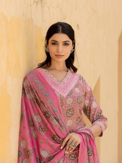 Dhiyona VA Women's Floral Embroidered Regular Mirror Work Kurta with Trousers & With Dupatta