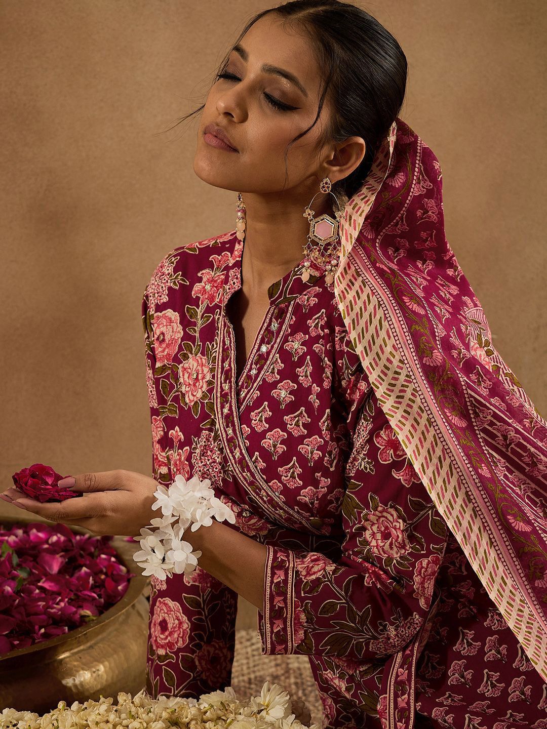 Floral Printed Angrakha Pure Cotton A-Line Kurta With Trouser & Dupatta