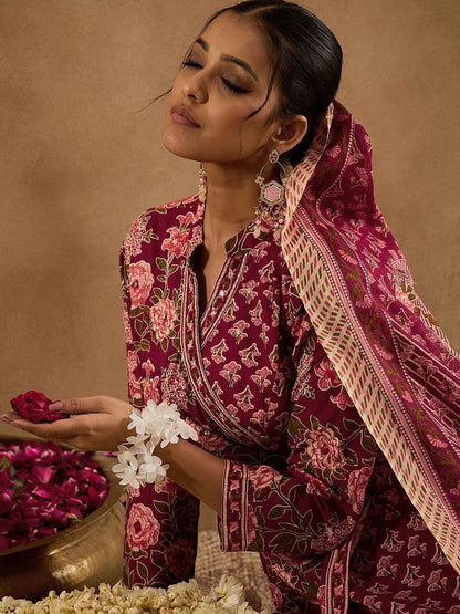 Floral Printed Angrakha Pure Cotton A-Line Kurta With Trouser & Dupatta