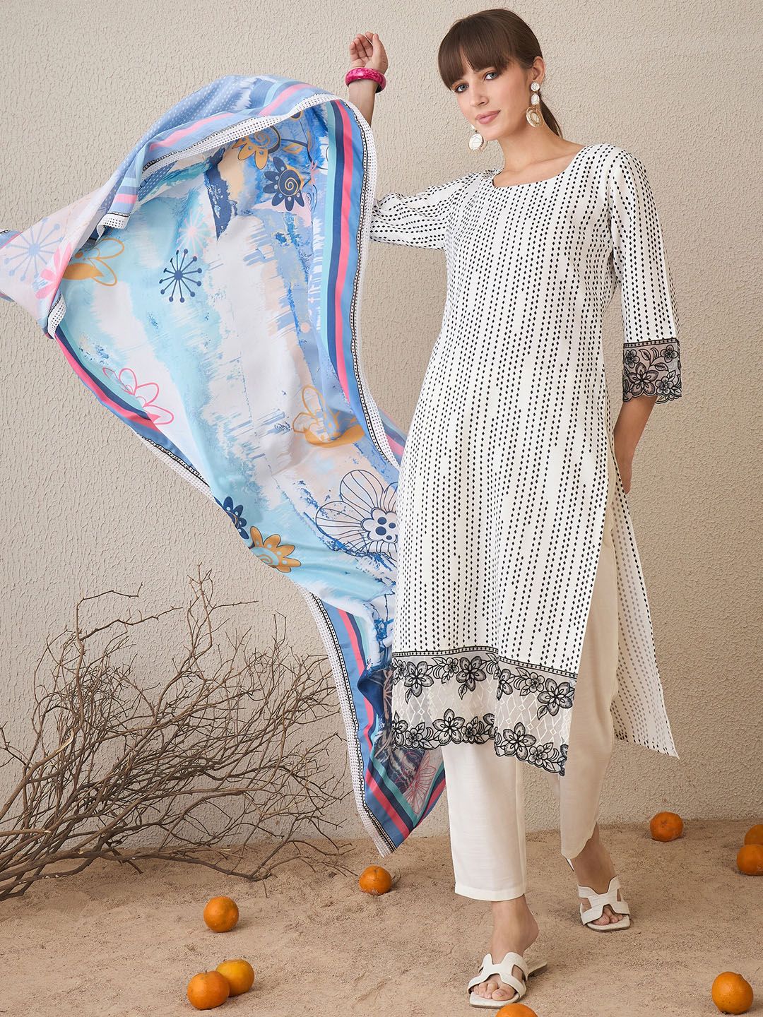 Geometric Printed Pure Cotton Straight Kurta With Trousers & Dupatta